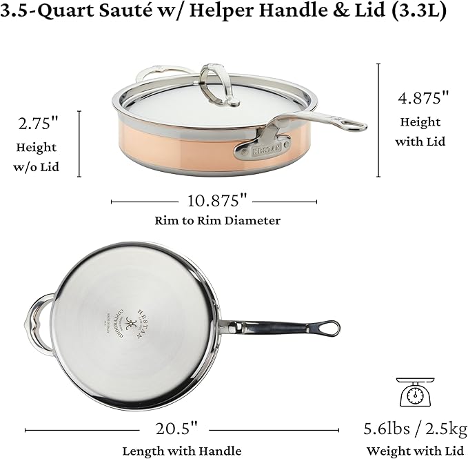 Hestan - CopperBond Collection - 100% Pure Copper Saut챕 Pan, Induction Cooktop Compatible, 3.5 Quart
