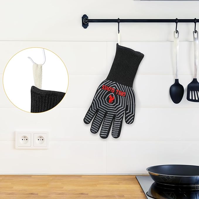 QUWIN BBQ Gloves, Oven Gloves 1472??Extreme Heat Resistant, Grilling Gloves Silicone Non-Slip Oven Mitts, Kitchen Gloves for BBQ, Grilling, Cooking, Baking-1 Pair??(Black, One Size(Long Cuff))