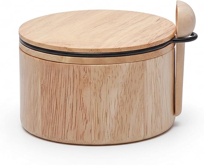 Wooden Salt Box with Lid & Spoon ??Rubberwood Keeper, Magnetic Swivel Top to avoid Dust, Minimal Scandinavian Bowl for Pepper, Spices, Herbs and Salt, Natural Salt Storage Container - Wood Lid