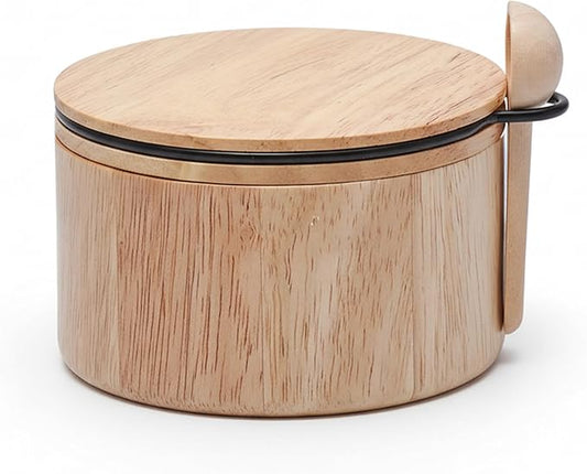 Wooden Salt Box with Lid & Spoon ??Rubberwood Keeper, Magnetic Swivel Top to avoid Dust, Minimal Scandinavian Bowl for Pepper, Spices, Herbs and Salt, Natural Salt Storage Container - Wood Lid