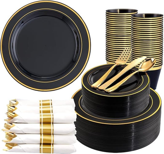 350 Pieces Black and Gold Plastic Plates with Disposable Silverware, Include 50 Dinner Plates 9?? 50 Dessert Plates 6.3?? 50 Black Cups 9 OZ, 50 Pre Rolled Napkins for New Year