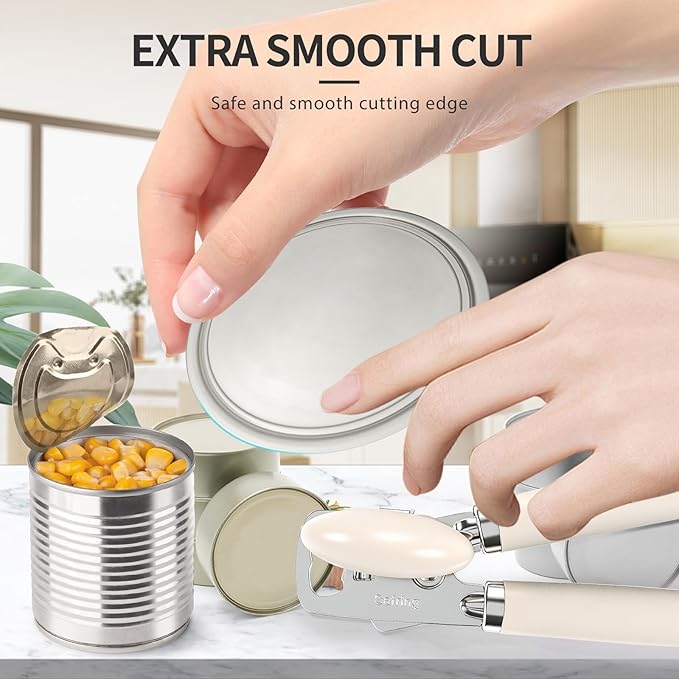 Can Opener Manual, Heavy Duty Stainless Steel Smooth Edge Can Opener With Soft Touch Handle, Oversized Handheld Easy Turn Knob, Multi-Function Bottle Opener, Beige