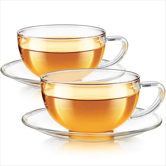 Teabloom Kyoto Teacup and Saucer Set 2-Pack ??Standard Teacup Size ??6 OZ/ 180 ML Capacity ??Crystal Clear Design ?볛?Premium Borosilicate Glass ??Heat Resistant, Microwave Safe