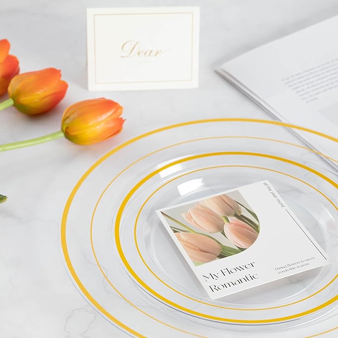 Lullaby 102PCS Clear Plastic Plate with Gold Rim, Includes 51pcs Dinner Plates 10??and 51pcs Dessert Plates 7?? Disposable Elegant Plate for Thanksgiving, Party and Wedding