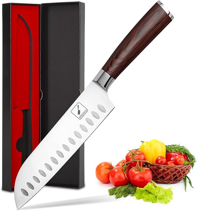 imarku Santoku Knife 7 inch Kitchen Knife Ultra Sharp Asian Knife Japanese Chef Knife, German HC Stainless Steel 7Cr17Mov, Ergonomic Pakkawood Handle, Christmas Gifts for Women/Men, Red