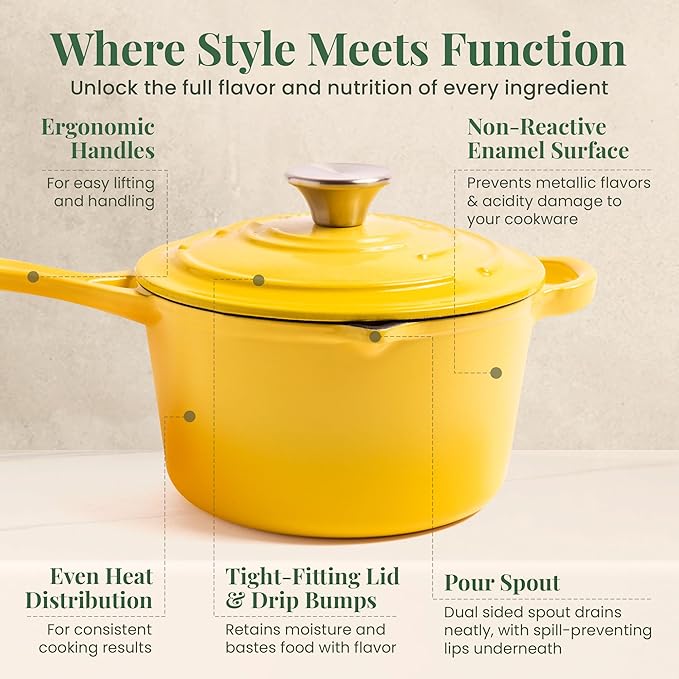 Larder & Vine Enameled Cast Iron Saucepan | 2.2 qt Sauce Pan with Lid | Saucepan with Pour Spouts | Enameled Cast Iron Pot Compatible on All Cooktops & Oven Safe to 500째 F | Limoncello