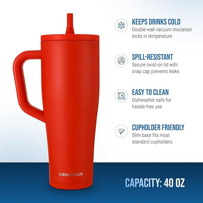 Ice Shaker 40 oz Tumbler with Handle and Straw | 40oz Red | Cold for 30+ Hours | 2-in-1 Tumbler Shaker Bottle | Odor-Free 40 ounce Bottle for Water, Protein Shakes, Smoothies, Cocktails