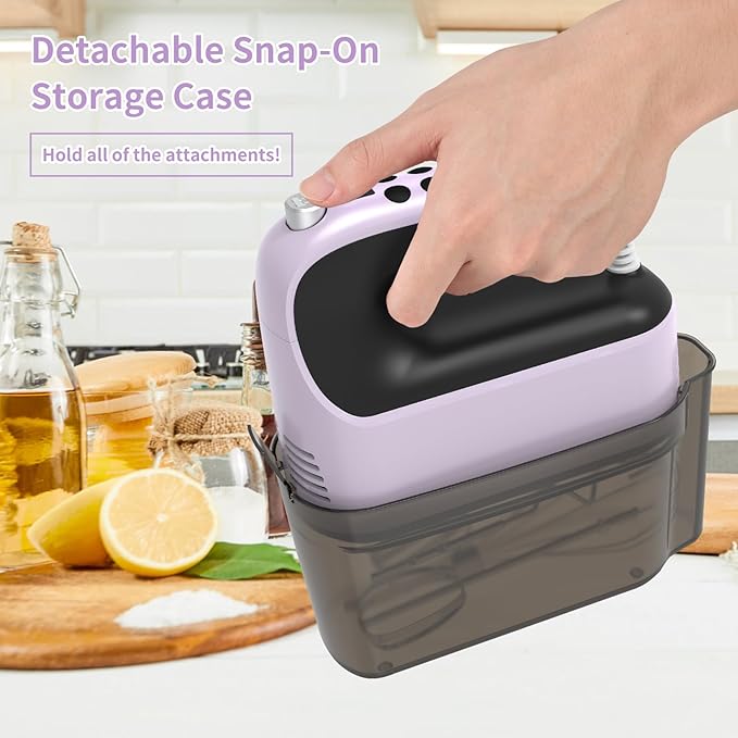9-Speed Digital Hand Mixer Electric, 400W Powerful DC Motor, Baking Handheld with Snap-On Storage Case, 5 Stainless Steel Accessories, Flat Beaters, Dough Hooks, Whisk(Purple/Black)