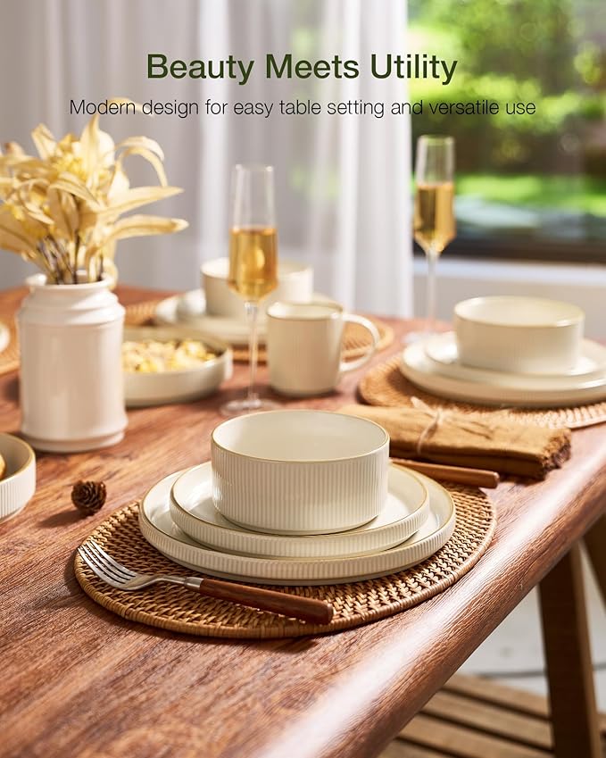 Famiware Star Dinnerware Set with Pasta Bowls, Service for 4 (16pcs), Ribbed Stoneware Plates and Bowls Dishes Sets with Trim - Chip & Scratch Resistant, Microwave & Dishwasher Safe, White