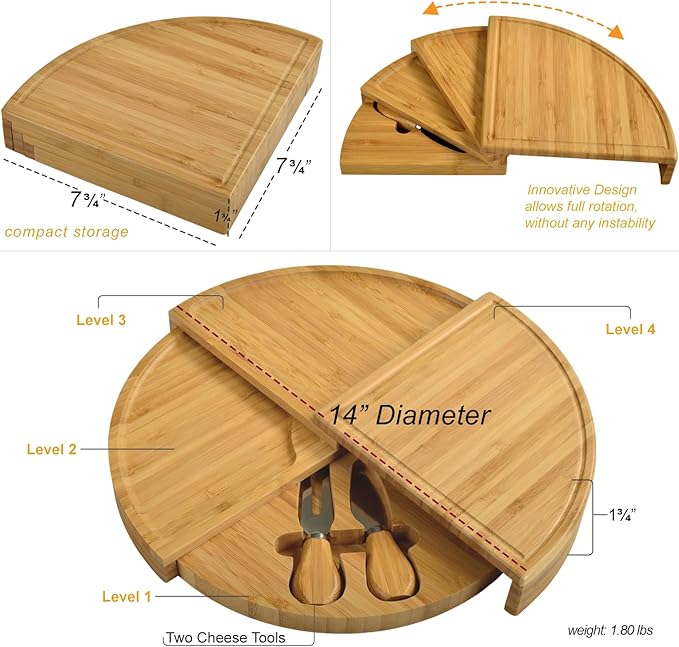 Picnic at Ascot Bamboo Board for Appetizers with Cheese Tools - Stores as a Space Saving Wedge - Opens to 13" Diameter ??Designed by Picnic at Ascot - USA Patented & Quality Assured