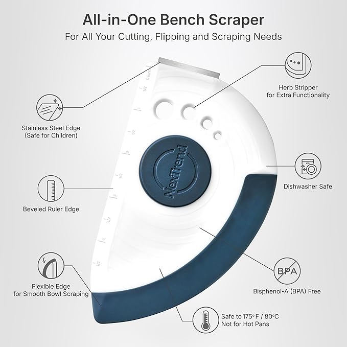 Nextrend BakerScraper ??5-in-1 Flexible Bowl Scraper, Bench Scraper and Dough Scraper with Stainless Steel Edge, Ruler & Herb Stripper ??BPA Free, Dishwasher Safe - Blue