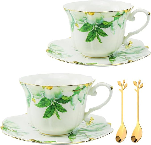 TATSUMI Country Roses Bone China Tea Cup and Saucer Set, 6 Pieces, Vintage Style, For Women and Tea Parties（Green，2 sets）