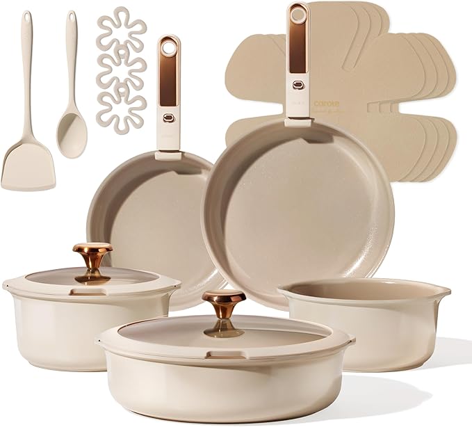 CAROTE 18Pcs Ceramic Cookware Set with Detachable Handle, Pots and Pans Set Non Stick, Non Toxic Cookware Set Removable Handles, Induction Kitchen Cookware Sets, Dishwasher/Oven Safe