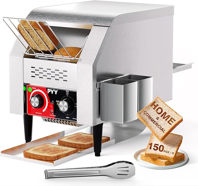 PYY Commercial Conveyor Toaster - 150 Slices/Hour Electric Conveyor Belt Toaster for Toast, Bun, Bagel, Bread, Heavy Duty Stainless Steel Toaster Oven for Restaurant, Bakery, Buffet Use