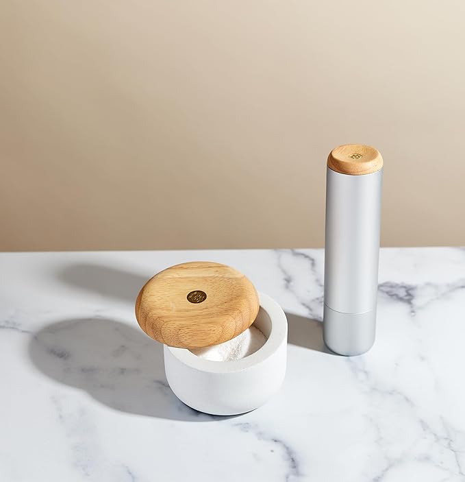 Evermill Premium Pepper Mill with Tellicherry Peppercorns, Anodized Aluminum Body, Wooden Cap, 26 Grind Settings, Manual Grinder (Silver with Walnut)