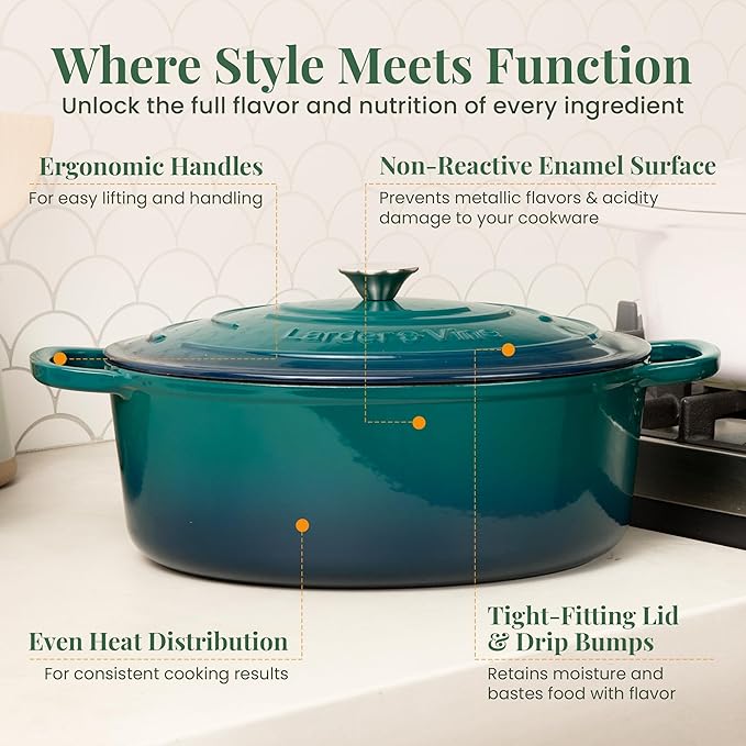 Larder & Vine Enameled Cast Iron 8 qt Dutch Oven Pot with Lid | Bread Baking | Compatible on All Cooktops & Oven Safe to 500째 F | Great for Sourdough Bread | Bondi