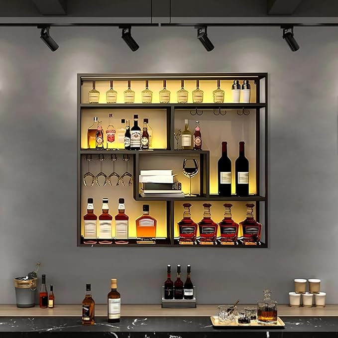 47.2in Large Wall Mounted Wine Rack, 4 Tier Wall Mount Bottle Rack with Glass Holder, Industrial Metal Floating Bar Liquor Bottles Display Storage Shelf for Dining Room, Kitchen (Gold, B,47.2in)