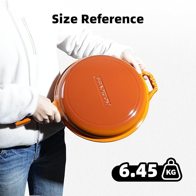 Enameled Cast Iron Braiser Pan - 2-in-1 Cast Iron Dutch Oven - 6.5QT Deep Pot with Frying Pan - Cookware Multi Cooker Skillet - for Grill Induction Stovetop Camping -Orange