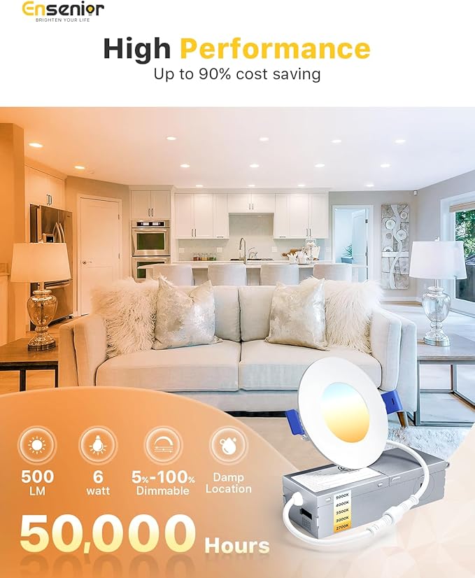 Ensenior 4 Pack 3 Inch LED Recessed Light, Dimmable, 2700K-5000K 5CCT, 500LM High Brightness, 6W 120V, Damp Rated, Ultra-Thin Canless Wafer Light - ETL & FCC & IC
