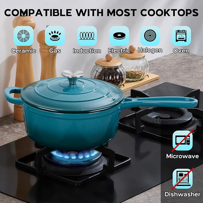 Onader 3QT Enameled Cast Iron Saucepan with Lid, Small Sauce Pan, Enamel Cast Iron Dutch Oven Cooking Pot, Nonstick & Heavy Duty ??Dark Cyan