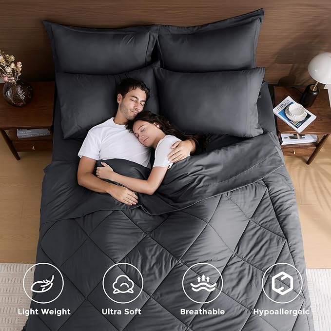 HEVUMYI King Comforter Set - 7-Piece All Season Bed in a Bag King, Ultra Soft Bedding Set with Comforter, Flat Sheet, Fitted Sheet, Pillowcases, Pillow Shams, Dark Grey