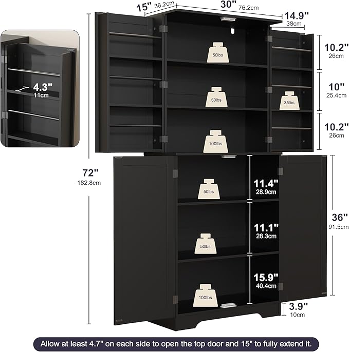 Rattan 72" Tall Kitchen Pantry Cabinet with 4 Doors, Boho Cabinet with Adjustable Shelves, Modern Mid Century Food Pantry with Storage, Freestanding Cupboard for Living Room, Bathroom, Black