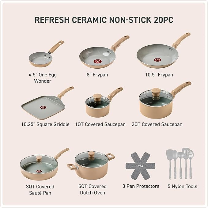 T-Fal Refresh Ceramic Nonstick Cookware Set, 20-Piece, Oven Safe to 350째F, Stockpot, Ceramic Pots and Pans Set, Frying Pans, Griddle, Utensils, Sand Beige