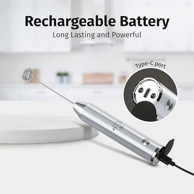 Zulay Kitchen Lux Electric Milk Frother Rechargeable Handheld - Powerful 2-Speed Motor, Waterproof, 2000mAh Battery - Drink Mixer for Latte, Cappuccino, Matcha & Protein Powder - Pure Silver