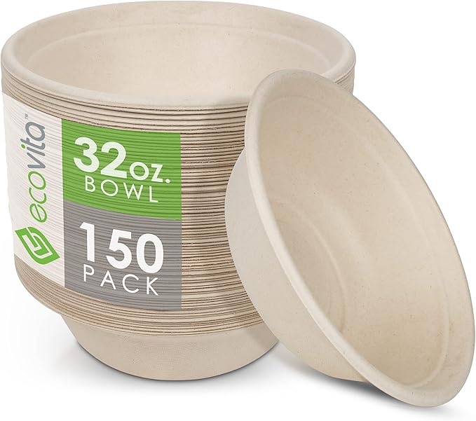 Ecovita 100% Compostable Paper Bowls [32 oz.] ??150 Disposable Bowls Eco Friendly Sturdy Tree Free Liquid and Heat Resistant Alternative to Plastic or Paper Bowls