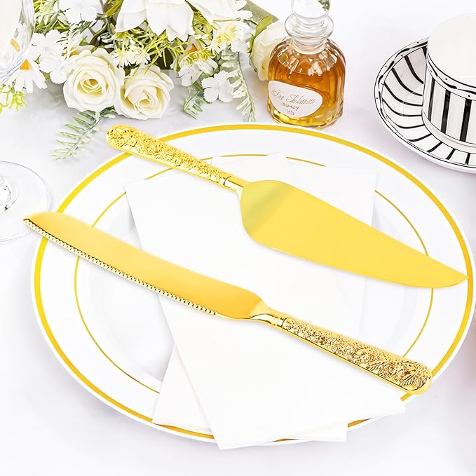 Gold Cake Cutting Set, 2 PCS Wedding Cake Knife and Server Set, Vintage Engraved Cake Cutter and Serving Spatula for Wedding, Birthday, Anniversary, Party
