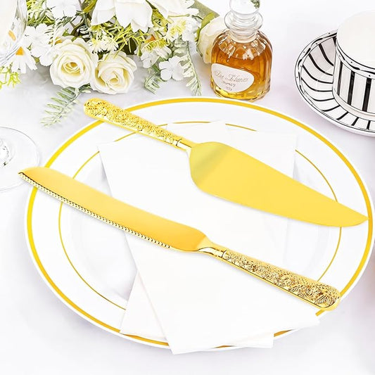 Gold Cake Cutting Set, 2 PCS Wedding Cake Knife and Server Set, Vintage Engraved Cake Cutter and Serving Spatula for Wedding, Birthday, Anniversary, Party