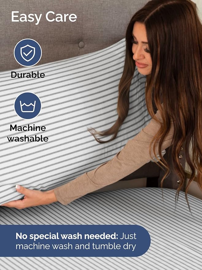 Extra Deep Pocket Queen Sheet Set - 4 Piece Breathable & Cooling Bed Sheets - Hotel Luxury Sheet Set - Ultra Soft, Wrinkle Free & Comfy - Fits Extra Deep Mattresses - Deep Pocket Grey Stripes 2 Sheets