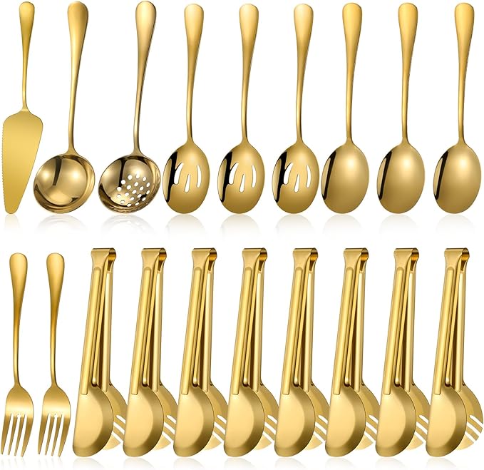 Tanlade 19 Pcs Gold Stainless Steel Serving Utensils Set Flatware Include Forks Spoons Slotted Spoons Soup Ladle Skimmers Pie Server Serving Tongs for Buffet Party Breakfast Home Dinner