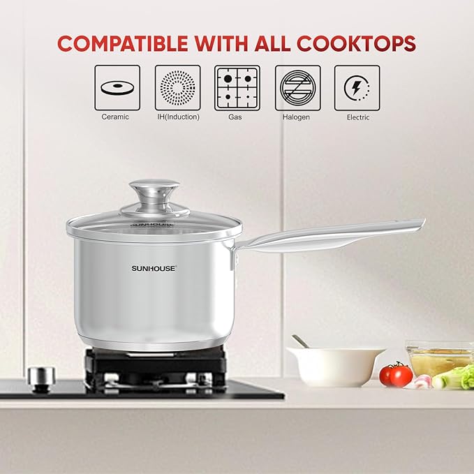 Sunhouse ??1.5 Quart Stainless Steel Sauce Pan with Lid - PFOA-FREE, Stainless Steel Sauce Pan, Induction base, Stay-Cool Handle, Compatible with All Cooktops Gas, Geramic, Electric etc.
