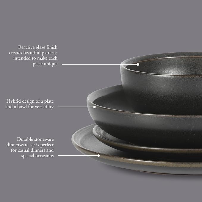 Gibson Elite Beckett Stoneware Matte Reactive Glaze 16 Piece (Service for 4) Plates and Bowls Dinnerware Set - Black