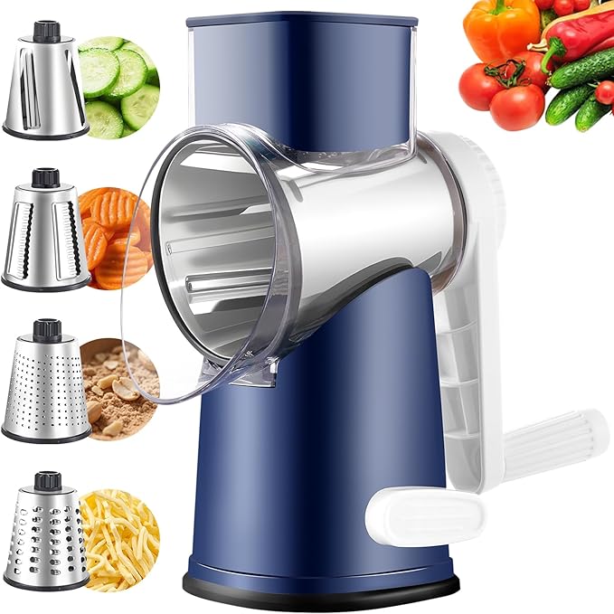 Weltonhm Rotary Cheese Grater with 4 Blades, Hand Crank Cheese Grater with Waffle Slicer, Black and White Cheese Slicer with Suction Base, Easier for Shredding& Grating (Blue, 4 Graters)