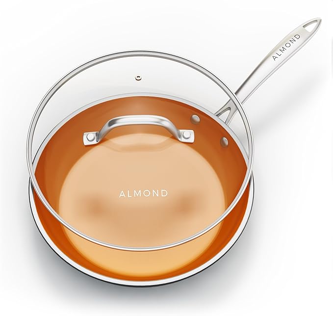 Nonstick Ceramic Copper Frying Pan: Non Stick Skillet with Glass Lid - Round Aluminum Saute Pan For Gas, Electric and Induction Cooktops - 10 Inches