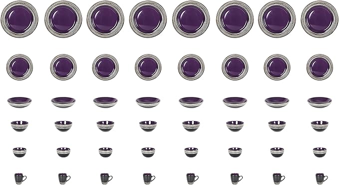 48 Piece Dinnerware Set, Ceramic Plates and Bowls Sets for 8, Microwave and Dishwasher Safe, Handcrafted Tree Bark Series Dish Set, Lavender/Purple