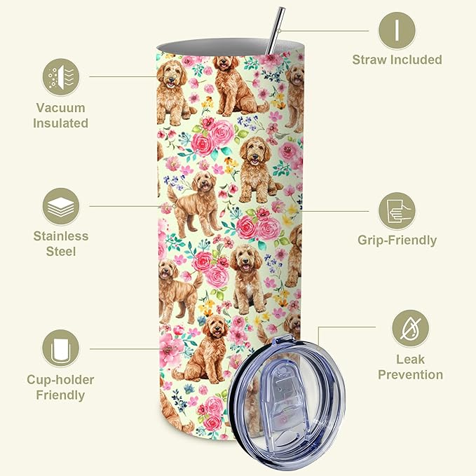 Yogusut Goldendoodle Gifts for Women, 20oz Stainless Steel Insulated Tumbler Travel Mug Cup with Lid Straw Brush, Gifts for Dog Mom Dog Lover