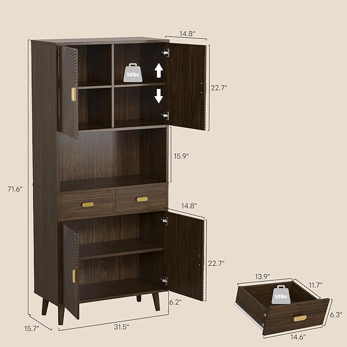 LIKIMIO 71.6" Mid-Century Kitchen Pantry Storage Cabinet, 3 Adjustable Shelves, 2 Drawers, 4 Line Grooved Doors, Elegant Solid Legs, Tall Kitchen Cupboard Hutch for Dining -Room, Living-Room, Walnut