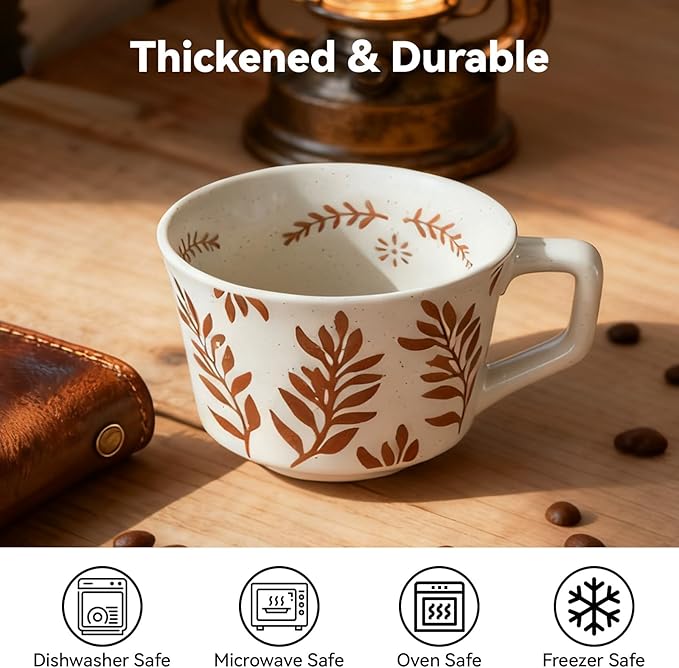 Ceramic Coffee Mugs Set, 12 oz Vintage Tea Cups with Handle for Latte, Cappuccino, Espresso, Mocha, Hot Tea, Dishwasher & Microwave Safe for Families and Couples Gifts竊늆et of 2 Bean Leaves