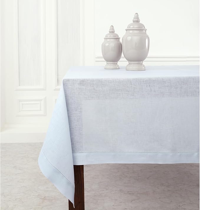 Solino Home Light Blue Linen Tablecloth 60 x 132 Inch - 100% Pure Linen Hemstitch Table Cloth for Rectangle Tables - Classic Hemstitch, Machine Washable Tablecloth for Spring, Easter
