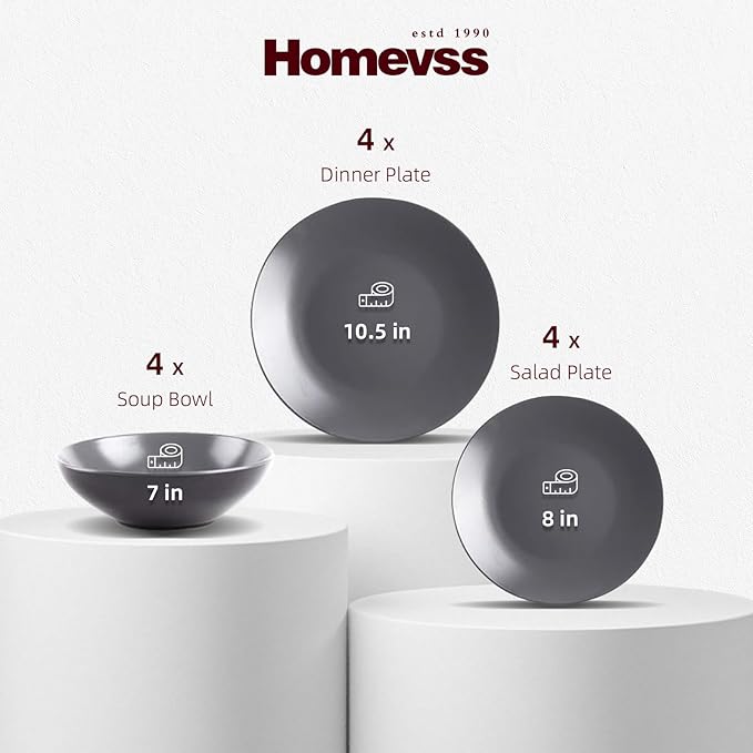 Stoneware Two-Tone Colors Life 12pc Dinner Set竊똎utside Shiny Black + Inside Matte Glaze Warm Grey