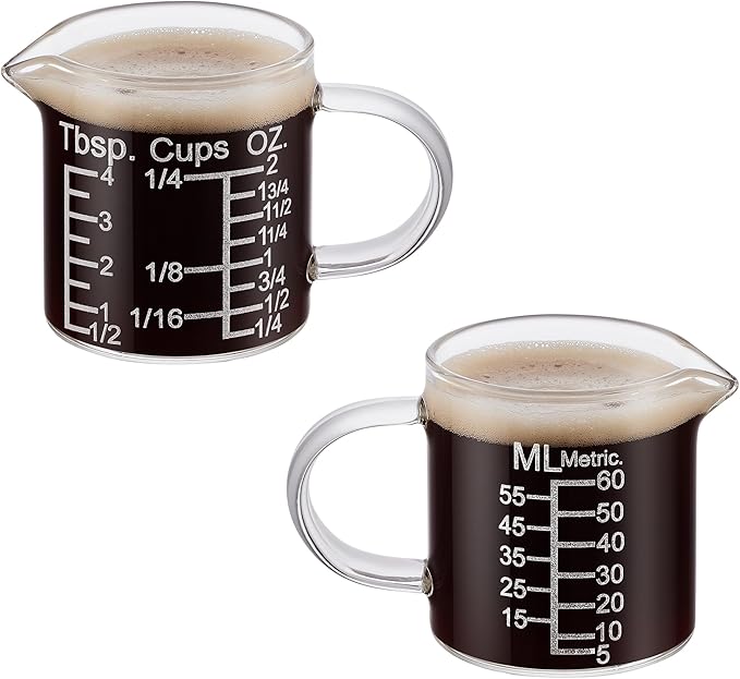 Ackers Etching Scale Measuring Glass -[Insulated handle | V-Shaped Spout]-Made of High Borosilicate Glass Measuring for Kitchen or Restaurant, Easy to Read, 60 ML (2 Oz) 訝?2 Pack)