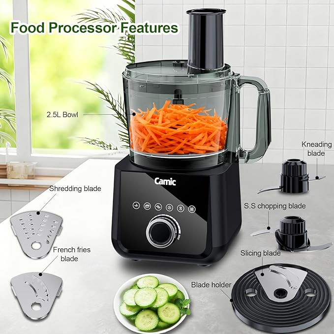 Camic Food Processor, 600W, Shredding and Slicing, French Fries Cutter, Kneading, Meat and Vegetable Chopping, Ice Crushing, 6 Presets, Easy to Operate and Clean for Home Use (Standard version)