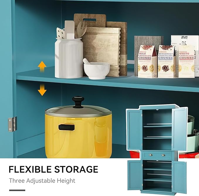 72" Kitchen Pantry Storage Cabinet, Freestanding Cupboard with 2 Cabinets, Drawer and Adjustable Shelves, Tall Storage Cabinet for Kitchen, Dinning Room, Living Room (Lake Blue)