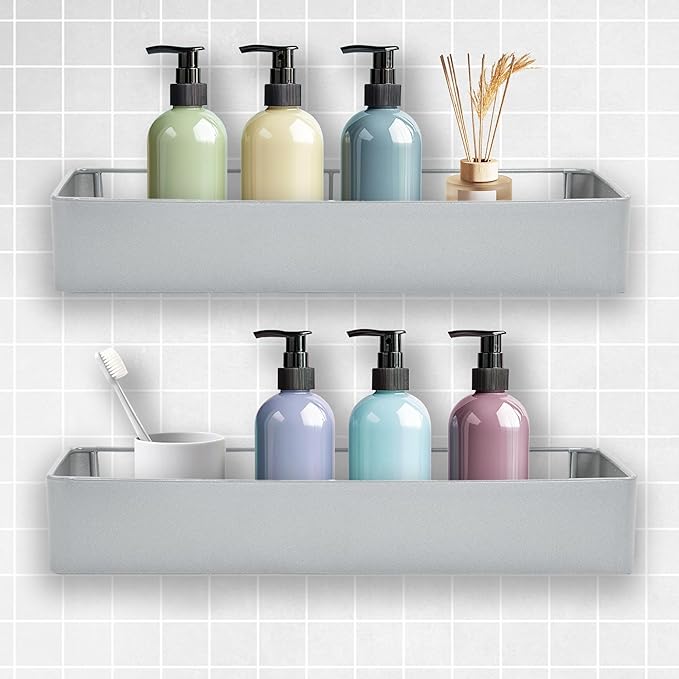 Premium Shower Caddy, Adhesive Bathroom Shower Organizer and Storage, No Drill Shower Shelves for Inside Shower, Rustproof Shower Storage Rack 2 Pack Silver