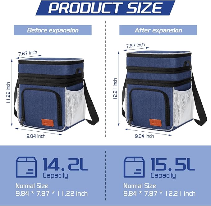 ZRSUN Insulated Lunch Bag for Women Men, Reusable 3 Layers Lunch Box Women, Expandable Reusable Water-resistant Lunch Box for Work Travel Office Picnic Hiking (Navy Blue)