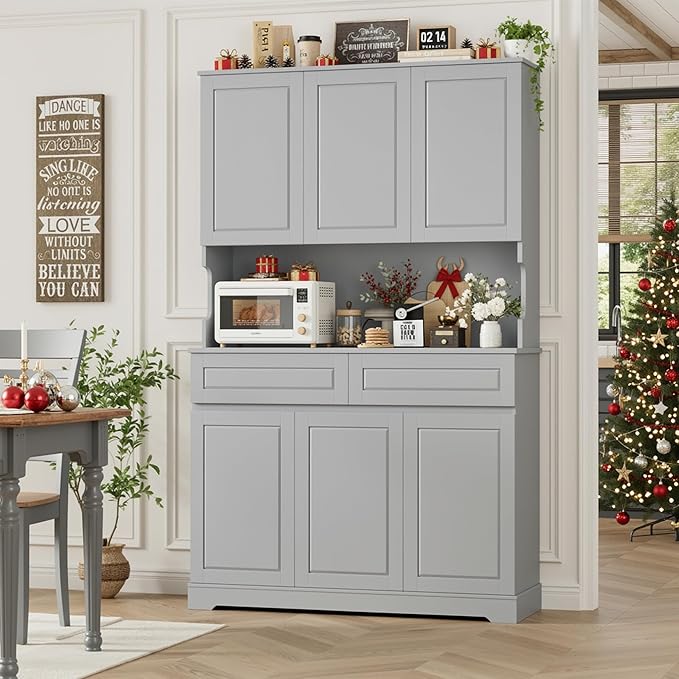 FACBOTALL 74" Pantry Cabinet, Tall Kitchen Pantry Cabinet with 6 Doors and 2 Drawers, Kitchen Hutch with Wide Countertop, Modern Kitchens Cupboard with Adjustable Shelves and Charge Holes, Grey