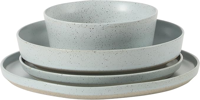 Gibson Elite Overbrook 16-Piece Pottery Clay Stoneware Dinnerware Set ??Light Blue Reactive Glaze, Stackable Plates and Bowls w/Pasta Bowl, Service for 4 ??Microwave & Dishwasher Safe